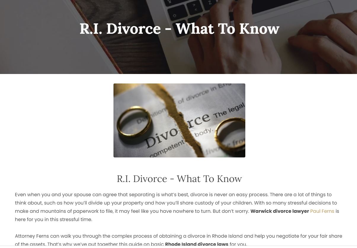 Example of screenshot of copywriting articles for Divorce attorny Paul J. Ferns of Warwick RI