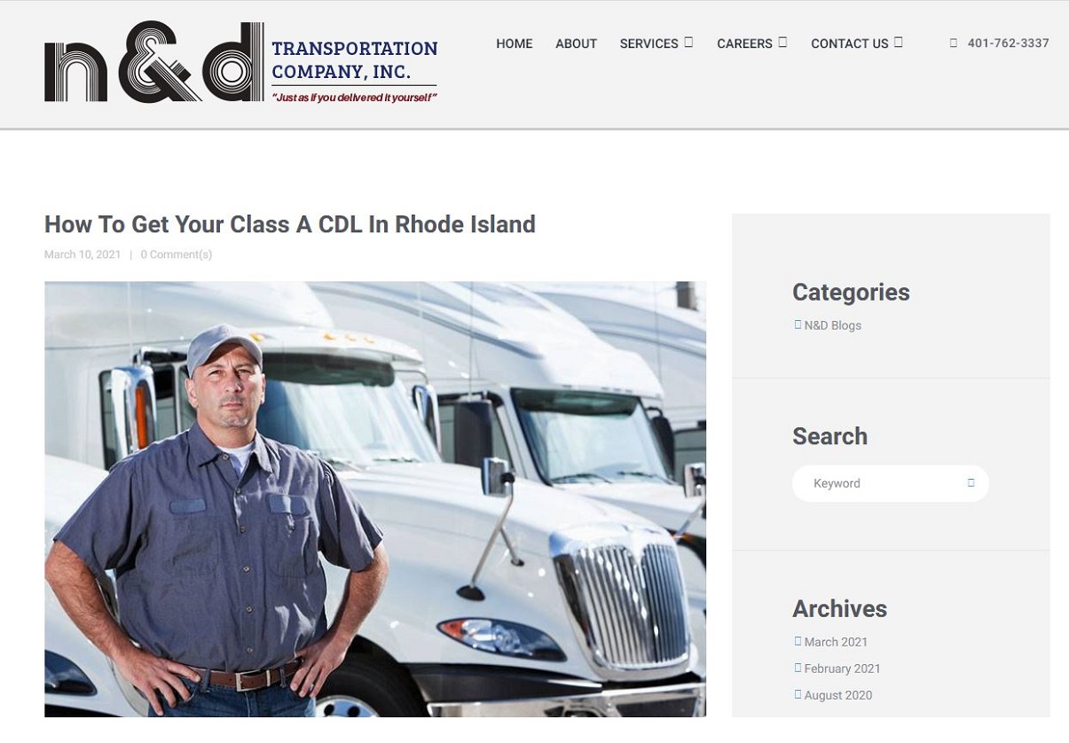screenshot of blog writing by OMNI Digital services for N&D Transportation Company Inc., a RI based trucking and warehousing company