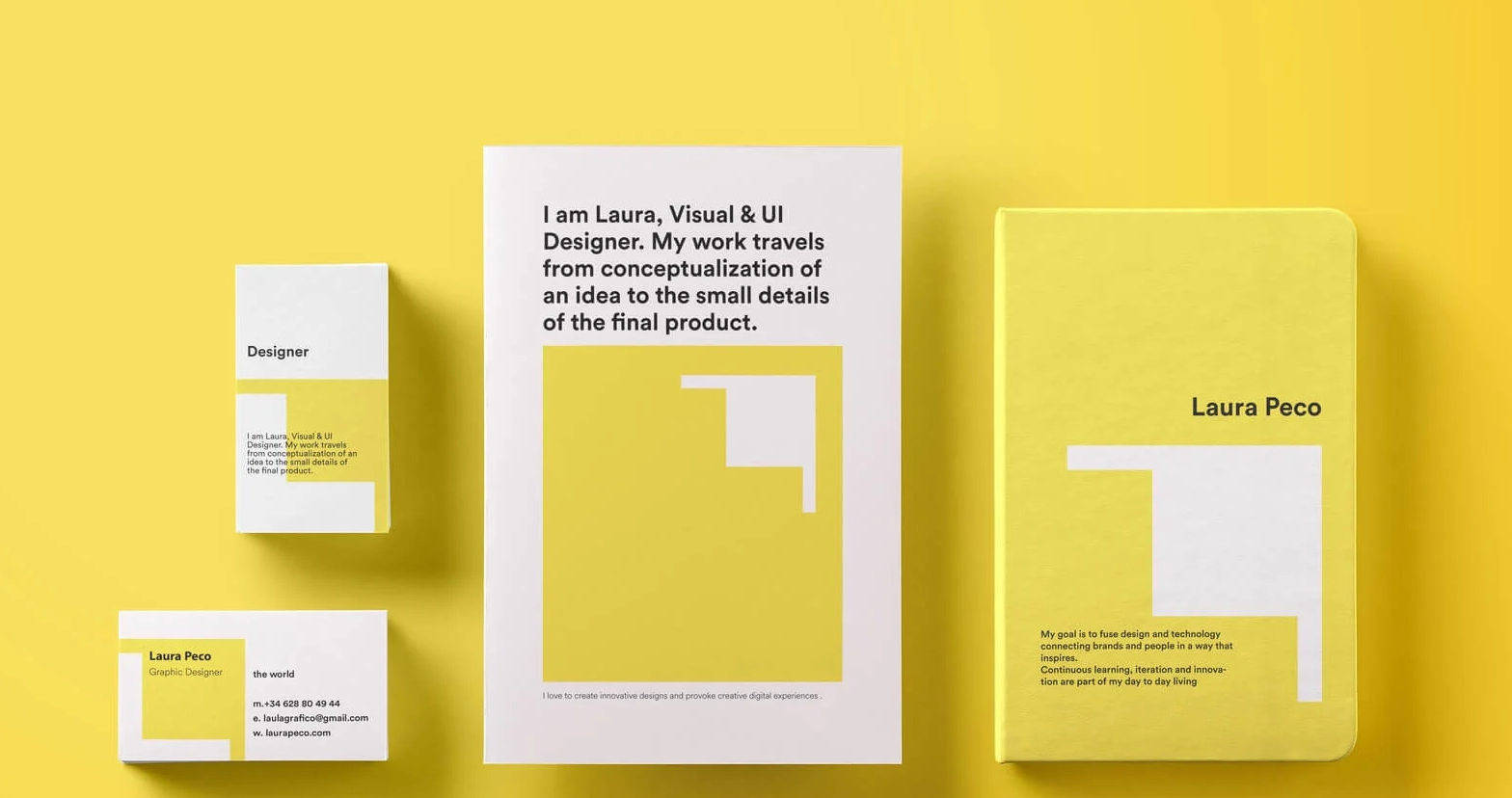 yellow background image of a branding kit including business cards, folders, and other print media