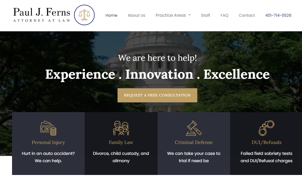 screenshot of www.paulfernslaw.com which is a project developed by RI Web firm OMNI digital services