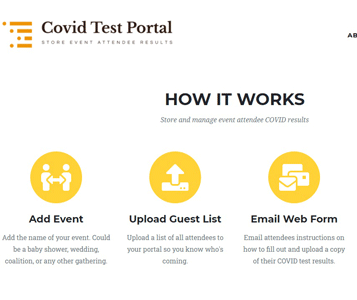 Screenshot of covidtestportal.com which is an event management software for COVID testing purposes