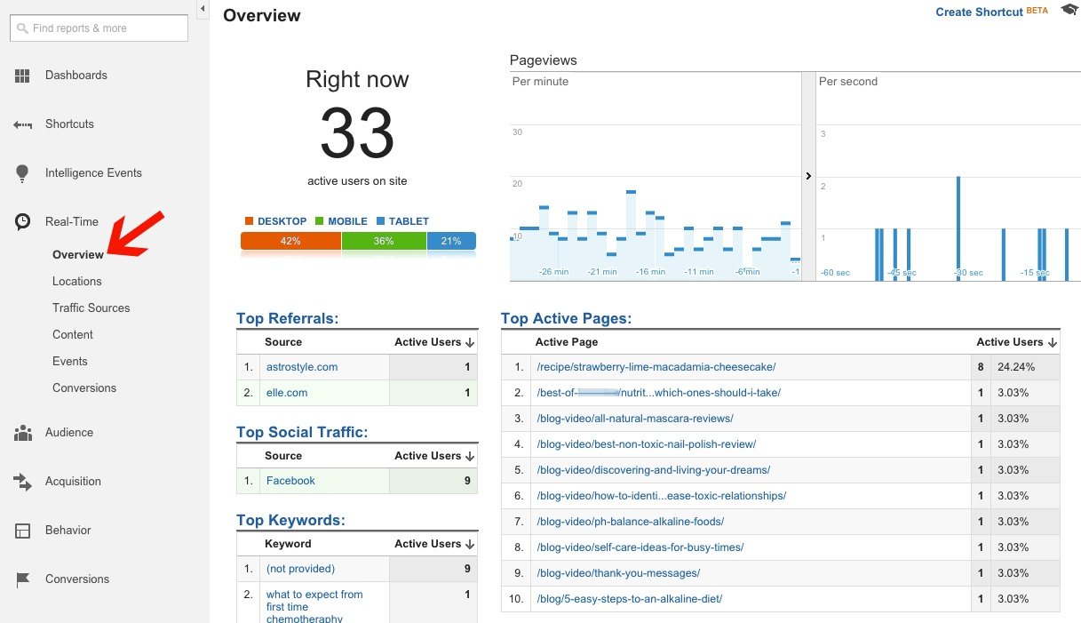 screenshot of Google Analytics Real Time traffic dashboard with a bunch of data on it