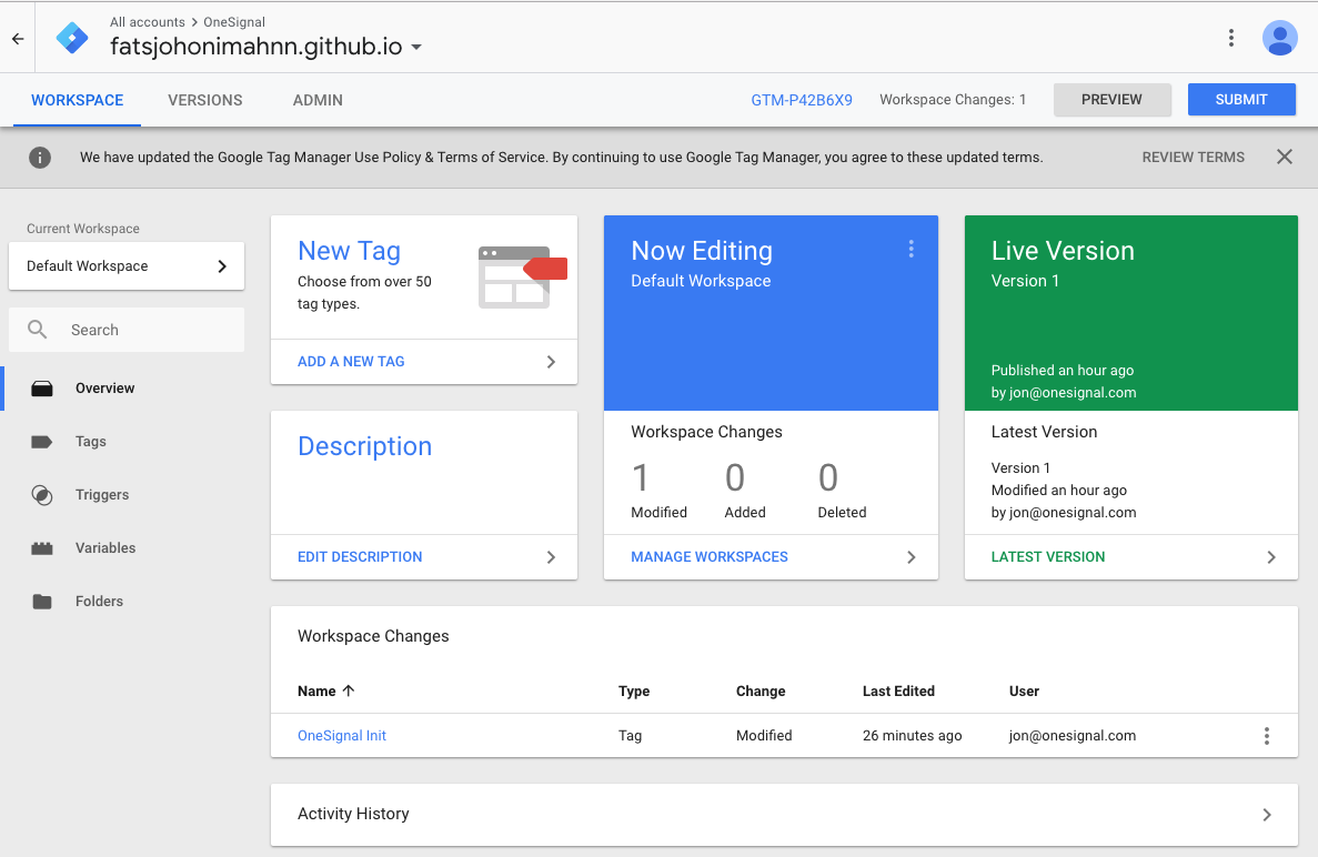 screenshot of Google Tag Manager Dashboard