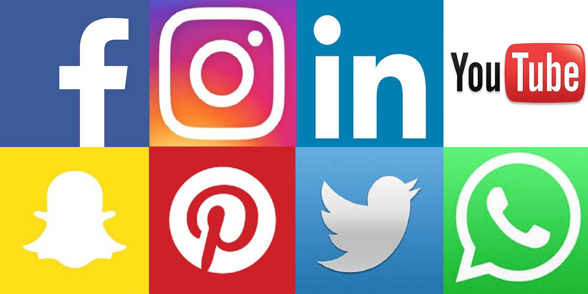 logos of various social media platforms including Facebook, Instagram, LinkedIn, YouTube, Snapchat, Pinterest, Twitter, and WhatsApp