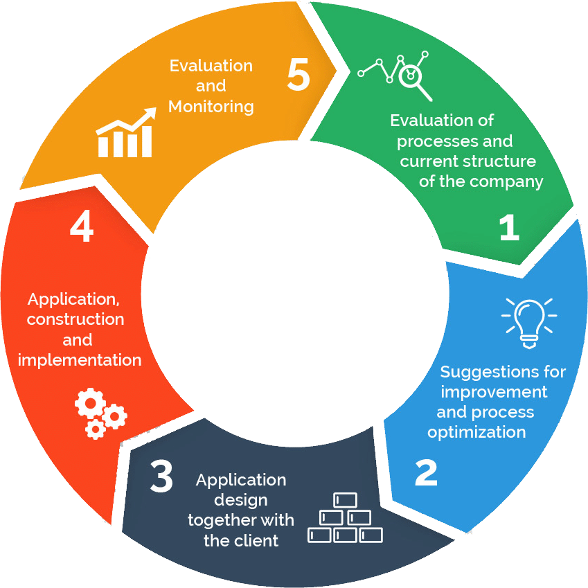 colored circle outlining the process of how OMNI Digital Services, a Rhode Island based software company, works with the client to develop a custom application